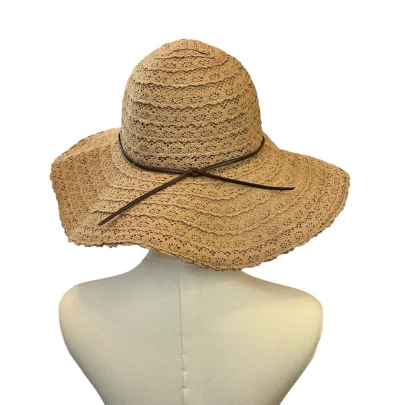 NWT Packable woven wide brim sun hat with wired brim faux leather band tan brown - Picture 6 of 14
